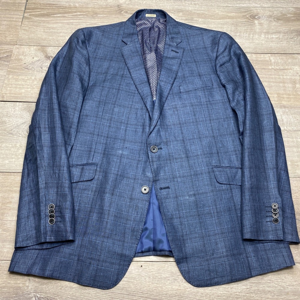 Joseph Abboud JOE Blazer Mens 46 Long Blue Glen Plaid 100% Linen Slim Fit Jacket